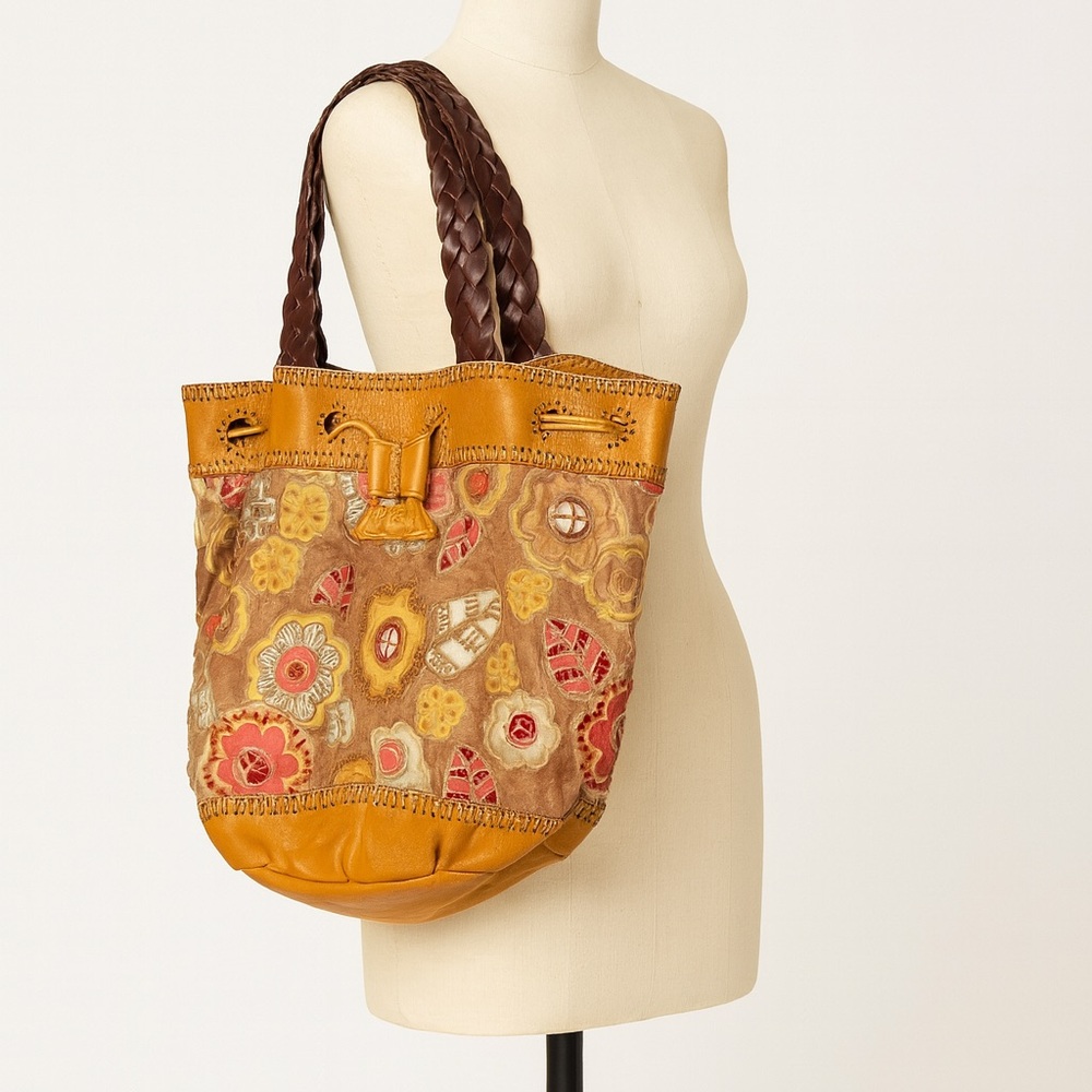 Carlos Falchi Mustard Yellow Multicolor Floral Embroidered Leather Tote